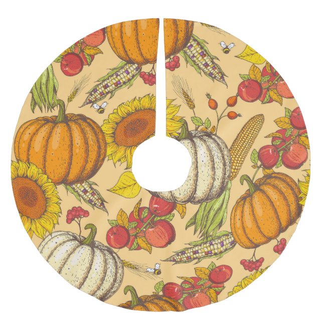 Pumpkin und Ahorn Blätter Muster. Polyester Weihnachtsbaumdecke (Vorderseite)
