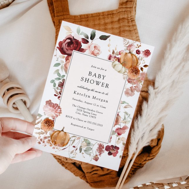 Pumpkin und Burgundy Floral Baby Shower Einladung (Von Creator hochgeladen)