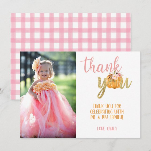Pumpkin Vielen Dank Foto-Karte - Mädchen (Kariert) Einladung (Vorne/Hinten)