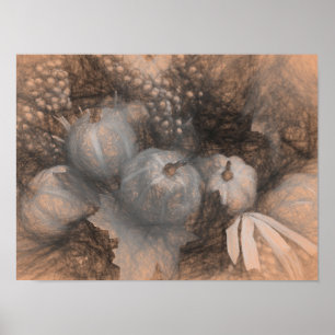 Pumpkin Vintag Antique Sepia Gray Fall Sketch Poster