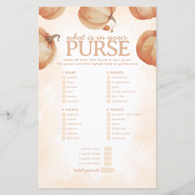 Pumpkin Was in Ihrem Purse Baby Shower Game (Vorderseite)