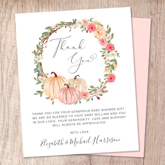 Pumpkin Watercolor Girl Babydusche Danke Karte (Celebrate your little pumpkin's arrival and let your loved ones know how much their support means)