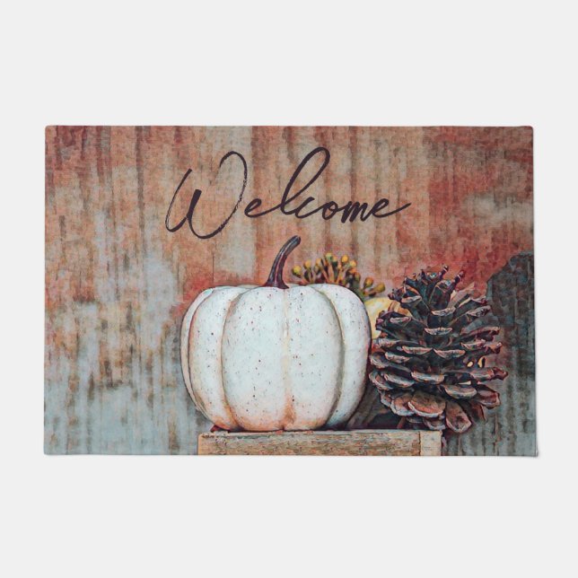 Pumpkin Weißer Herbst Rustikales Bauernhaus Willko Fußmatte (Vorderseite)