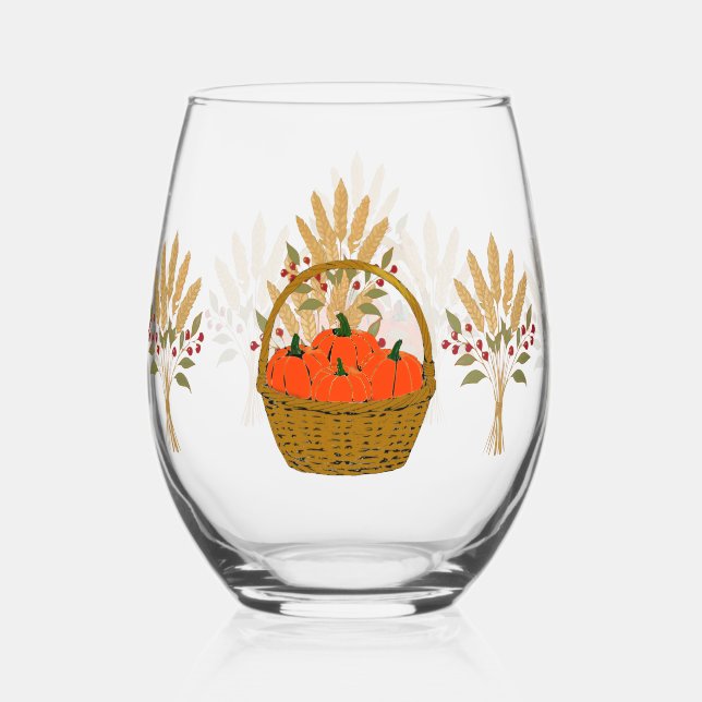 🎃 **Pumpkin & Wheat Stemless Wine Glass Weinglas Ohne Stiel (Vorderseite)