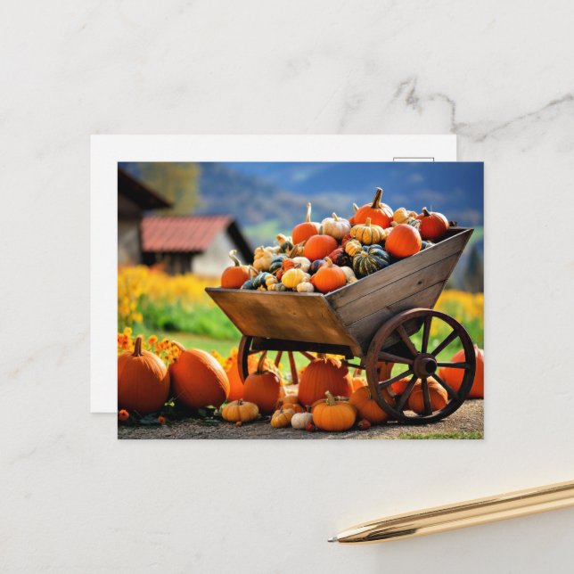 Pumpkin Wheelbarrow, Herbst, Postkarte (Vorderseite/Rückseite Beispiel)