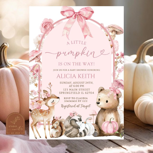 Pumpkin White and Pink Forest Woodland Babydusche Einladung (Von Creator hochgeladen)