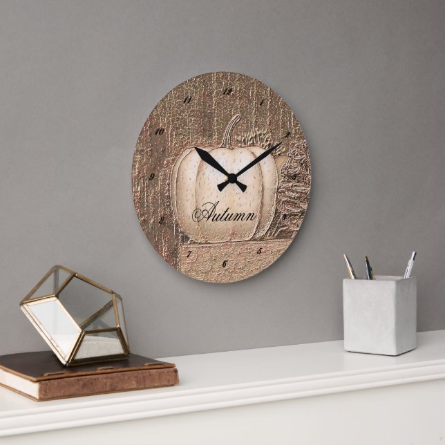 Pumpkin White Gold Metallic Elegante Fall Country Große Wanduhr (Büro)