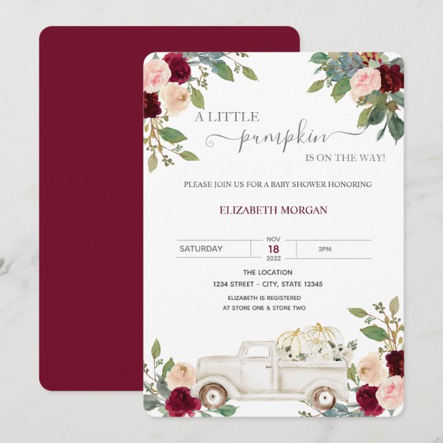 Pumpkin White Truck Burgundy Blume Kinderdusche Einladung (Vorne/Hinten)