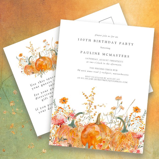 Pumpkin Wildblume Herbst 100. Geburtstagsparty Einladungspostkarte (Von Creator hochgeladen)