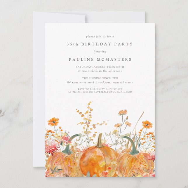 Pumpkin Wildflower Fall Watercolor 35th Birthday  Einladung (Vorderseite)