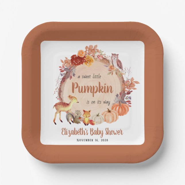 Pumpkin Woodland Animals Terracotta Kinderdusche Pappteller (Vorderseite)