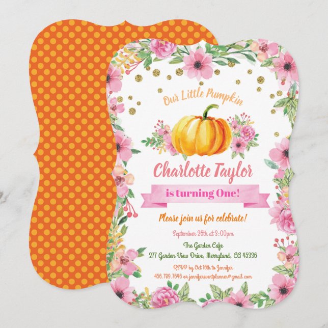 Pumpkin zum ersten Geburtstag Einladungs-Mädchen Einladung (Vorne/Hinten)