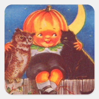 Pumpkinhead Owl Black Cat Crescent Moon Quadratischer Aufkleber