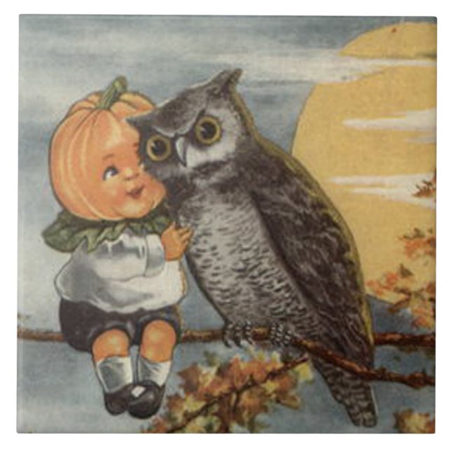 Pumpkinhead Owl Full Moon Tree Pumpkin Fliese (Vorderseite)