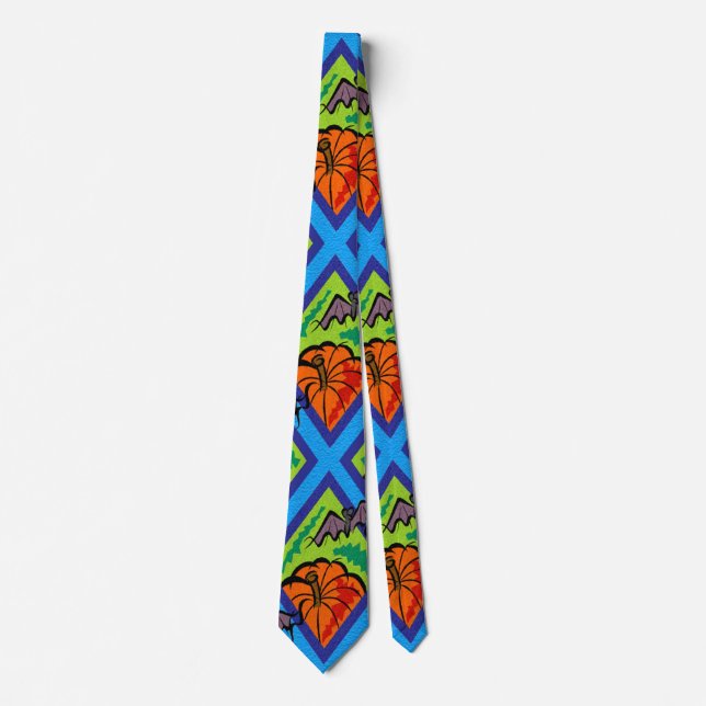 Pumpkins and Bats in Patterns of Green/Blue Krawatte (Vorderseite)