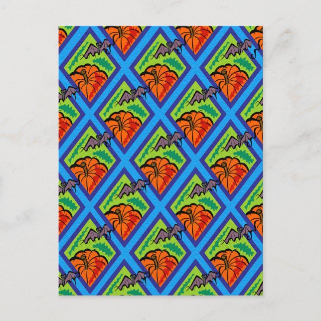 Pumpkins and Bats in Patterns of Green/Blue Postkarte (Vorderseite)