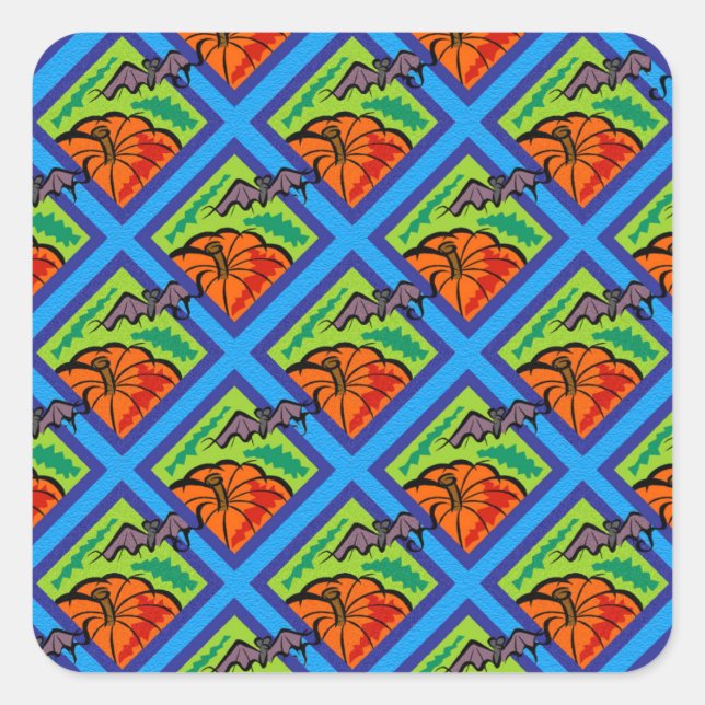 Pumpkins and Bats in Patterns of Green/Blue Quadratischer Aufkleber (Vorderseite)