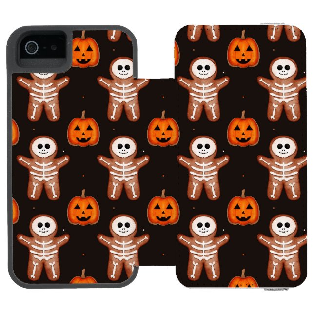 Pumpkins and Skeleton Gingerbread Halloween Design Incipio iPhone Geldbeutel-Hülle (Folio Geöffnet)