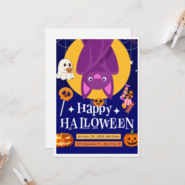 Pumpkins & Bats Halloween Bash - individuelle Einl Einladung (Vorderseite/Rückseite Beispiel)