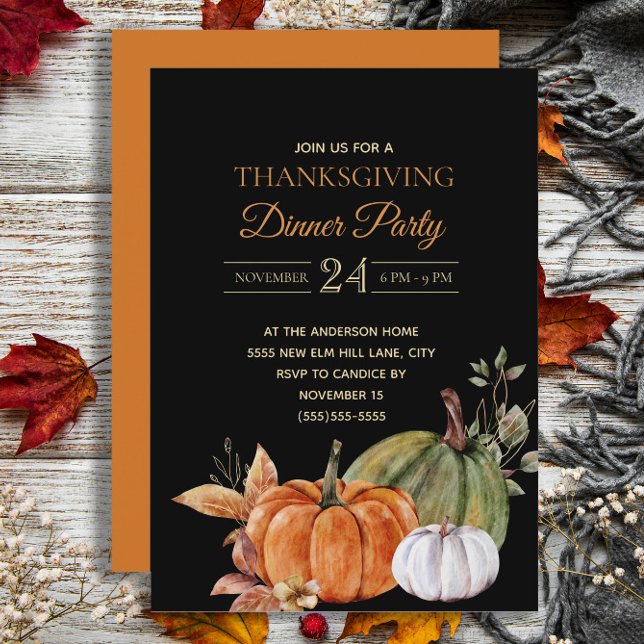 Pumpkins Black Erntedank Dinner Party Einladung (Elegant Thanksgiving Dinner invitation with orange and white pumpkins on black)