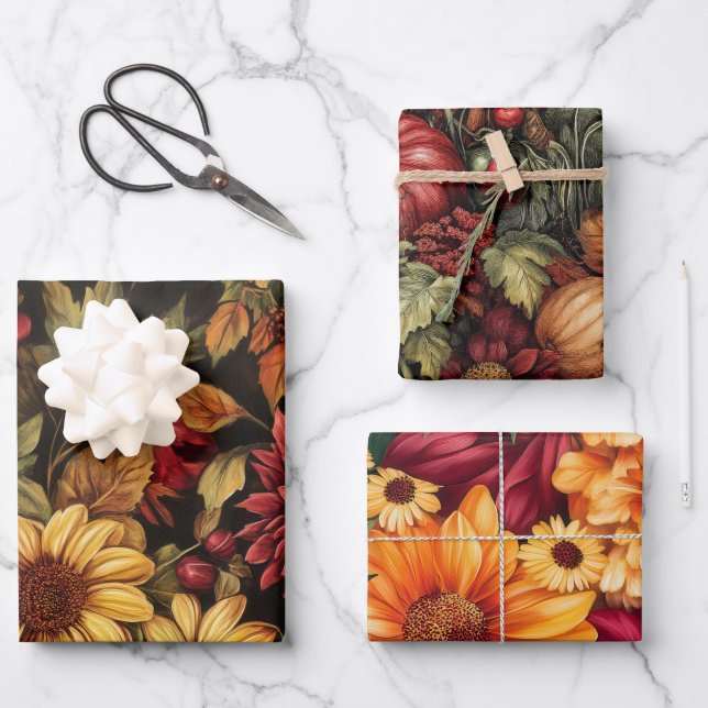PUMPKINS-BLÄTTER IM AUTUMENFALL BLUME GESCHENKPAPIER SET (Vorderseite)