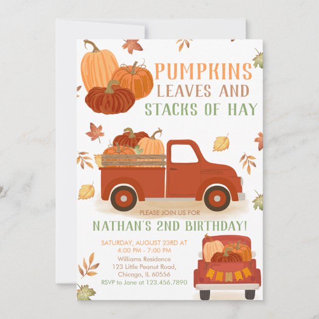 Pumpkins Blätter und Stapel von Hay Birthday Einladung (Vorderseite)