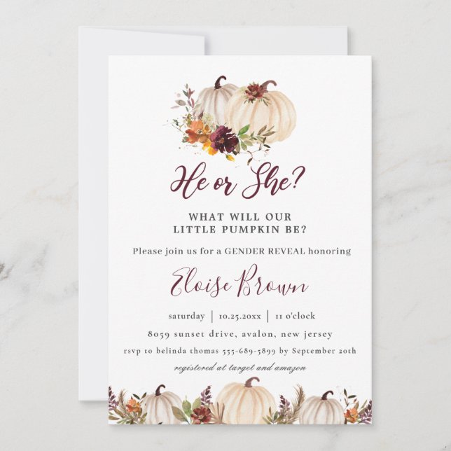 Pumpkins Burgundy Orange Floral Gender Reveal Einladung (Vorderseite)