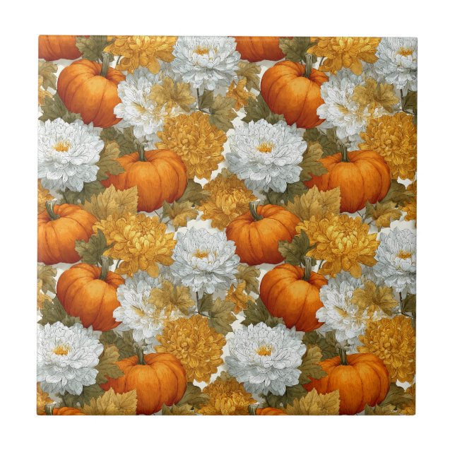 Pumpkins & Chrysanthemas Fall Design Fliese (Vorderseite)