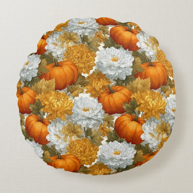 Pumpkins & Chrysanthemas Fall Design Rundes Kissen (Vorderseite)