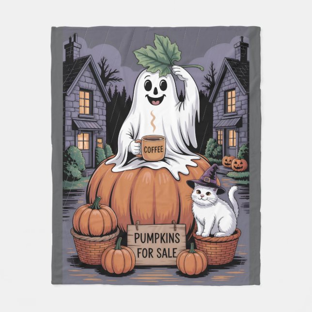 Pumpkins For Sale & Caffeine Ghost & Cat V2 Fleecedecke (Vorderseite)
