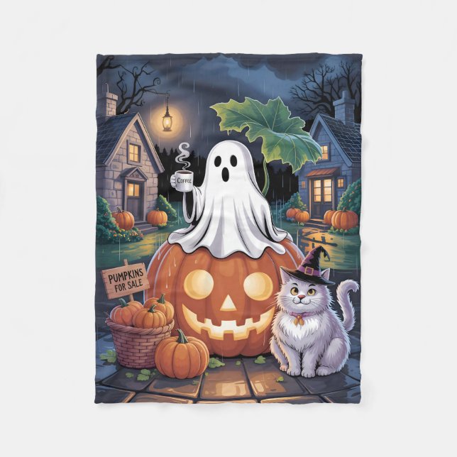 Pumpkins For Sale & Caffeine Ghost With Cat Fleecedecke (Vorderseite)