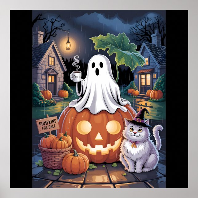 Pumpkins For  Sale & Caffeine Ghost With Cat  Poster (Vorne)