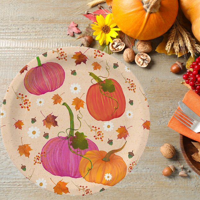 Pumpkins Herbstlaubs Muster Pappteller (Thanksgiving Fall Pumpkins Paper Plates. In a beautiful festive pattern.)