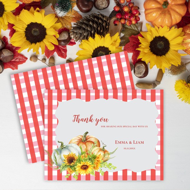 Pumpkins Sonnenblumen Herbst Hochzeit im Herbst Da Postkarte (Pumpkins Sunflowers Autumn Fall Wedding Thank You Postcard)