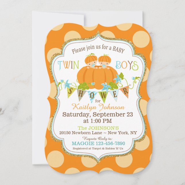 Pumpkins Twin Boys Fall Baby Einladungen (Vorderseite)