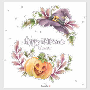 Pumpkins und Hexenhut, Halloween-Kranz Aufkleber