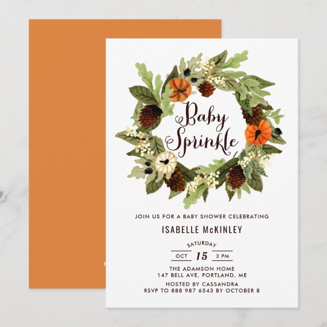 Pumpkins und Pinecones Wreath Fall Baby Sprinkle Einladung (Vorne/Hinten)