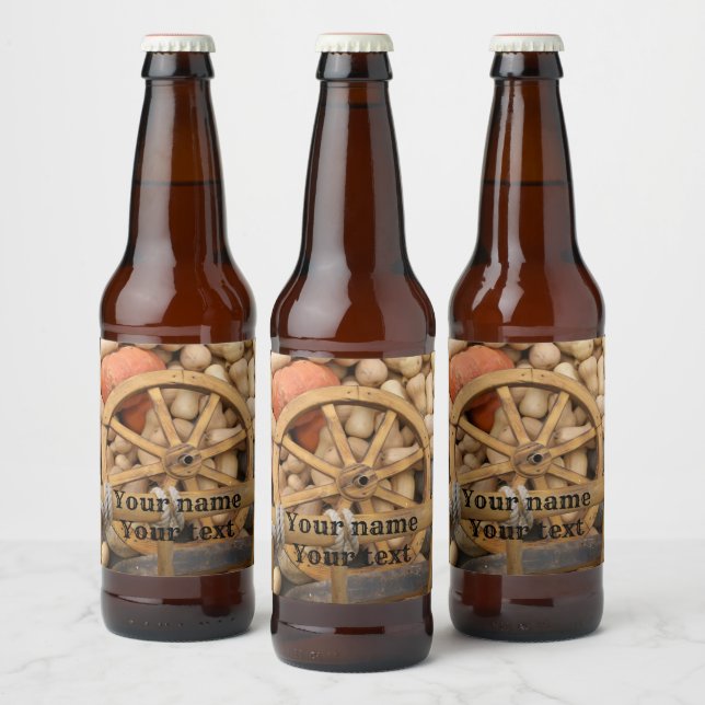 Pumpkins und Räder des ländlichen Holzkarren Bierflaschenetikett (Flaschen)