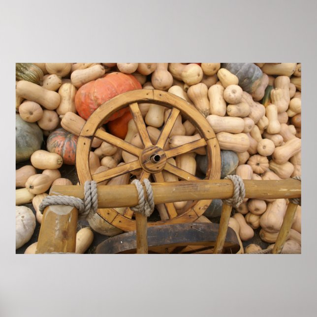 Pumpkins und Räder des ländlichen Holzkarren Poster (Vorne)