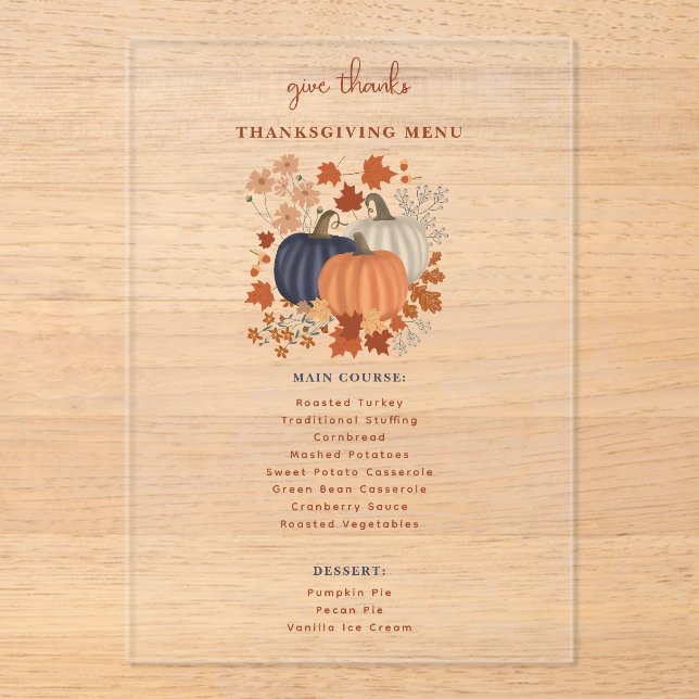 Pumpkins Wildblumen Erntedank Dinner Menu Acryleinladungen (Vorderseite)