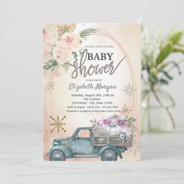 Pumpkutscher, Blume, Schneeflocken Babydusche Einladung (Stehend Vorderseite)