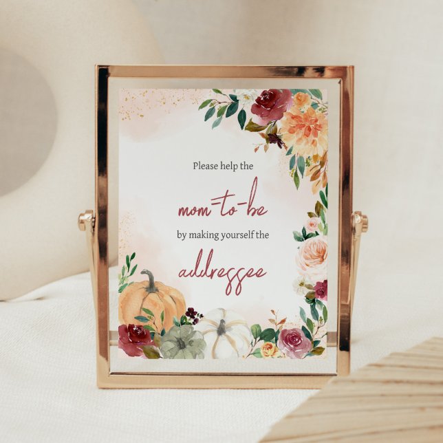 Pumpstation Burgund Fall Floral Pumpkin Envelope Poster (Fall Floral Pumpkin Baby Shower Envelope Station Sign)