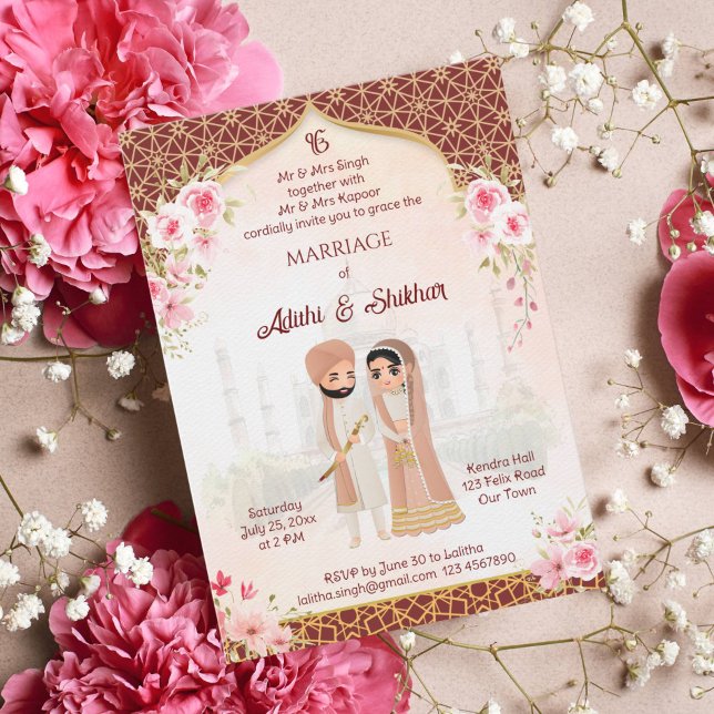 Punjabi Hochzeitscreme-Maroon Indianerbridal-Paar Einladung (Von Creator hochgeladen)