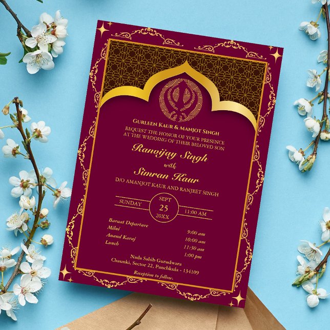 Punjabi Sikh Wedding Anand Karaj Floral Einladung (Von Creator hochgeladen)