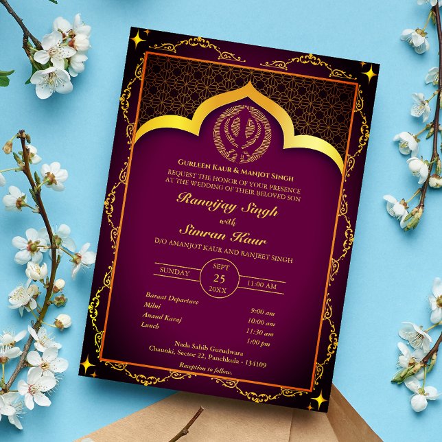 Punjabi Sikh Wedding Anand Karaj Floral Einladung (Von Creator hochgeladen)