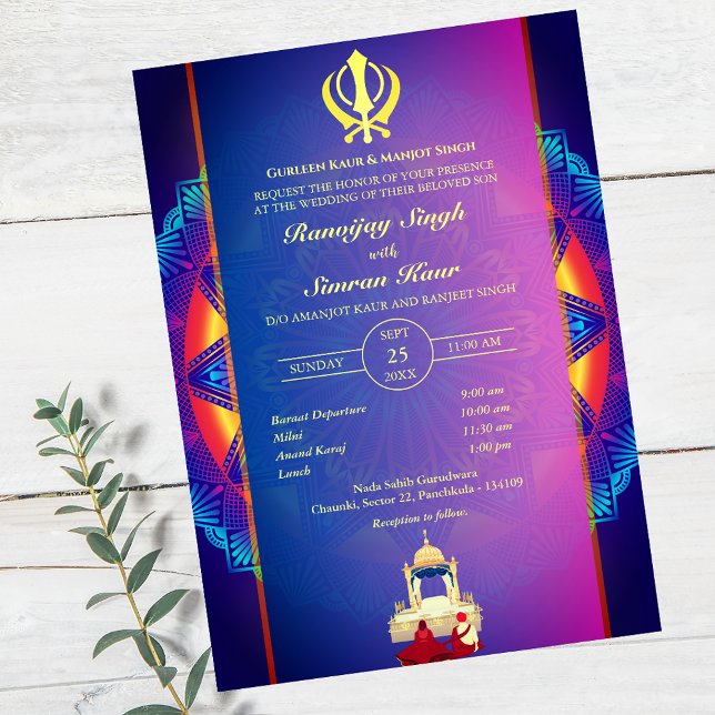 Punjabi Sikh Wedding Anand Karaj Golden Einladung (Von Creator hochgeladen)