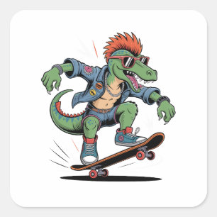 Punk-Dinosaur Velociraptor Lustiges Skateboarding Quadratischer Aufkleber