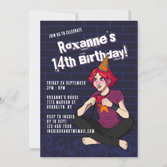 Punk Gamer Cartoon Teen Girl 14. Geburtstag Einladung (Vorderseite)