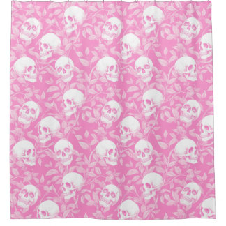 Punk Mädchen Gothic rosa Totenköpfe & Laub Hallowe Duschvorhang
