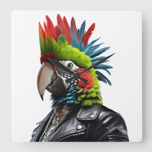 Punk Parrot Quadratische Wanduhr (Vorderseite)